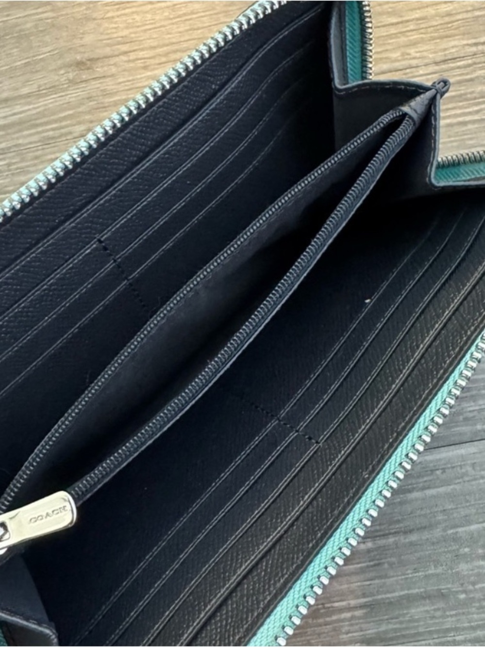 Coach Accordion Metallic Teal Zip Wallet with Gold Logo - Picture 3 of 6